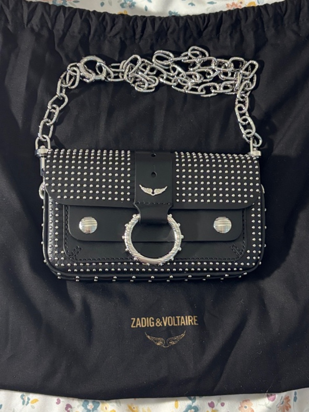 Zadig & Voltaire Black Leather Studded Bag with Silver Chain